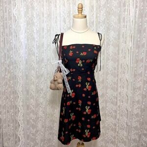 Strawberry Print Mini Dress Size Large Summer Black & Red Preppy Sundress